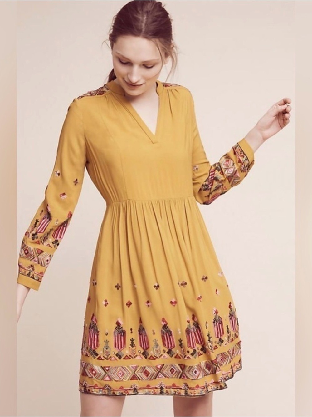 Anthropologie Floreat Embroidered, Boho V-Neck Dress, Gold, Pink, Size XS - Picture 17 of 17